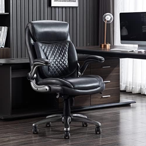 Amazon Basics Ergonomic Executive Office Chair with Adjustable Lumbar Support, Flip-up Arms, Height Adjustable, 360° Rolling Swivel, Computer Desk Chair, Grey Leather