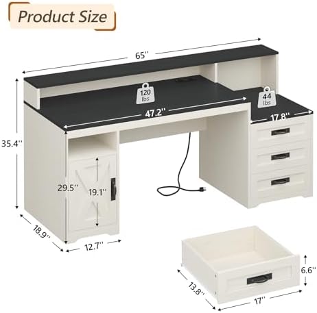 65" Farmhouse Computer Desk with Drawers and Printer Stand for Home Office