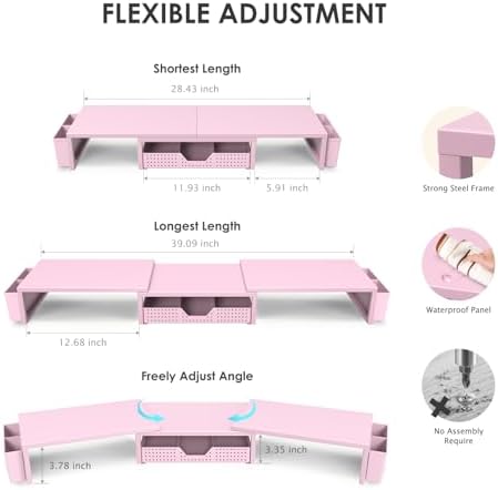 OPNICE Desk Organizers and Accessories, Dual Monitor Stand Riser with Drawer and 2 Pen Holders, Desk Shelf Computer Racks for Office Workspace Organizers, Desktop Organization (Pink)