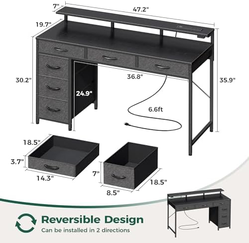 Huuger Gaming Desk with 6 Drawers, Computer Desk with LED Lights Power Outlets and Type-C, 47 Inch Office Desk with Storage, Monitor Stand, Writing Desk Work Desk Home Office, Bedroom, Black