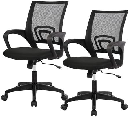 BestOffice | Ergonomic Office Chair | Mid-Back Swivel Desk Chair | Breathable Backrest & Lumbar Support | Adjustable Height | Sponge Seat | Rolling Wheels | Dark Black | for Adults & Women