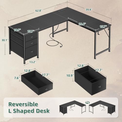 Furologee 63" L Shaped Desk with Power Outlets & USB-C Port, Reversible Corner Computer Desk with 3 Fabric Drawers, Hooks, Home Office Desk for Gaming, Writing, Work, Black