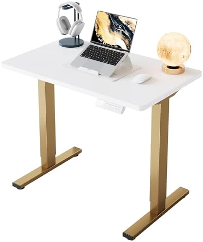 HUANUO 32x19 Inch Small Electric Desk, Adjustable, White & Gold Frame