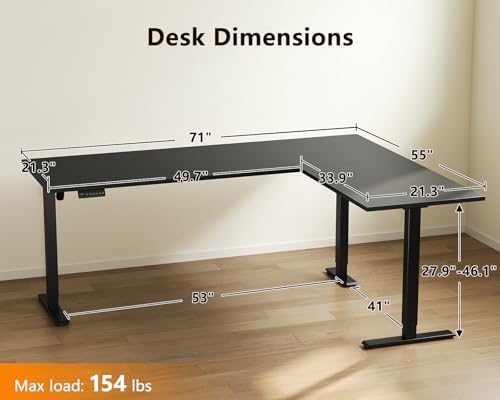 Casaottima 71 Inch L Shaped Electric Standing Desk, Home Office, Black