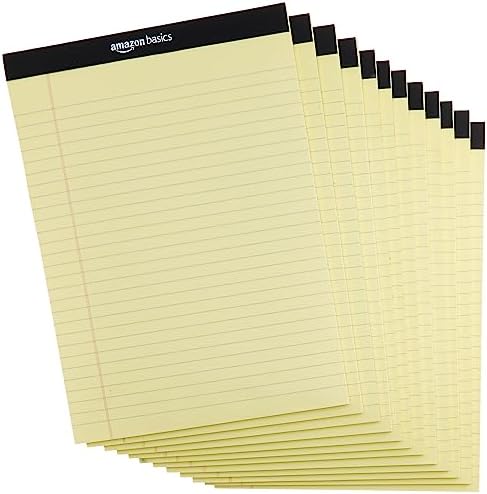 Amazon Basics Wide Ruled Lined Writing Pads, 8.5" x 11.75", Canary, 12-Pack of 50 Perforated Sheets, Sturdy Backing
