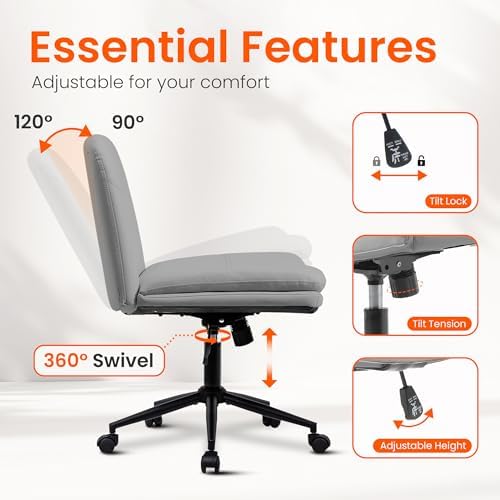 Orange Factory Criss Cross Chair, Wide Leather Vanity Desk Seat, Grey Pu