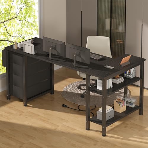 Lufeiya L Shaped Gaming Desk with Drawers & Storage Shelves, 55 Inch Corner Computer Desk with Power Outlet for Home Office Bedroom, L-Shaped Teen PC Desks with Fabric Drawer, Black