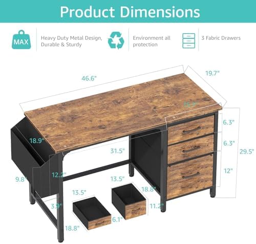 Lufeiya Computer Desk with File Drawers Cabinet, 47 Inch Reversible Home Office Desks with Fabric Filing Cabinet for Small Space, Study Writing Table PC Desks, Rustic Brown