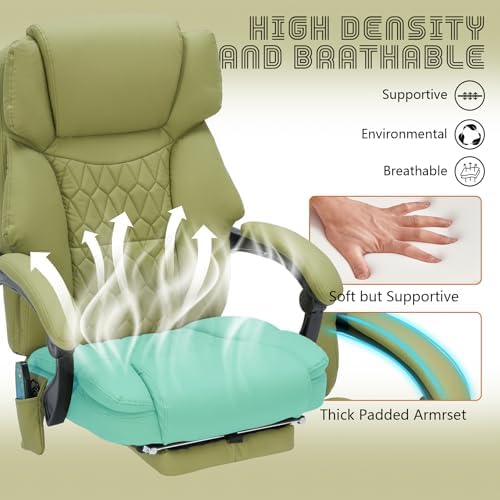 Massage Office Chair with Foot Rest 6 Points Vibration and Heat Home Office Desk Chairs for Heavy People 400lbs Reclining Managerial Chairs Ergonomic Executive Chair (Green)