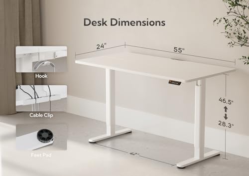 Claiks Electric Height Adjustable Standing Desk, 55x24 Inch, White