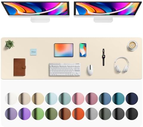 Aothia Faux Leather Desk Mat - Large Mouse Pad, Non-Slip PU Leather Blotter, Waterproof Writing Surface for Office and Home (Beige, 63" x 17")