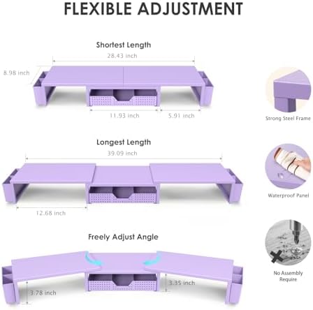 OPNICE Desk Organizers and Accessories, Dual Monitor Stand Riser with Drawer and 2 Pen Holders, Desk Shelf Computer Racks for Office Workspace Organizers, Desktop Organization (Purple)