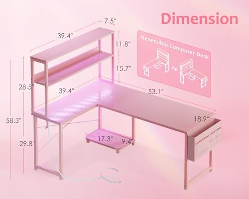ODK 53" L Shaped Gaming Desk with Shelves, LED & Outlets, Pink