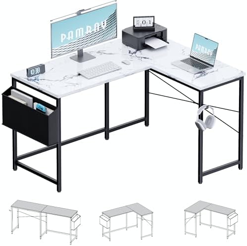 Pamray 47 Inch Reversible L Shaped Gaming Desk Corner Computer Desk with Storage Bag Home Office Table for Writing Study Marble