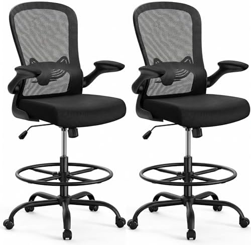 ErGear Drafting Chair, Standing Desk Chair with Flip-Up Armrests, High Desk Chair Adjustable Height, Ergonomic Tall Office Chair with Lumbar Support and Adjustable Footrest Ring,2 Pack