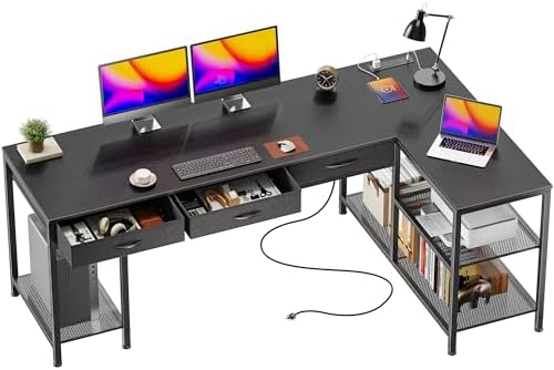 PRAISUN 63 Inch L Shaped Office Desk with Power Outlets and Type-C Port, Large Computer Gaming Desk with 3 Fabric Drawers, Mesh Shelves, Corner Study Work Writing Desk, Black