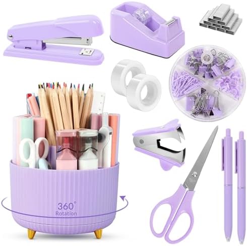 SKYDUE Purple Office Supplies Set with Pencil Holder for Desk,11 PCS