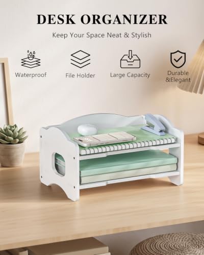 WALI Desk File Organizer, 2 Tier Stackable Desktop Paper Letter Tray Organizer with Handle, Office Desk Accessories & Workspace Organizers for Office, Home, School Supplies, 1 Pack, White