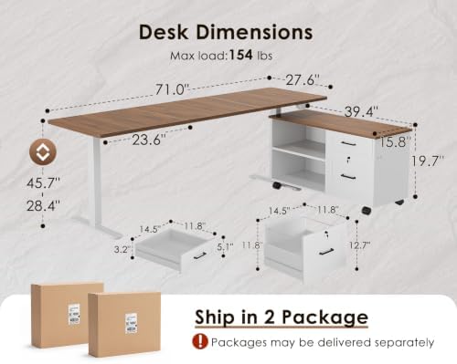 OffiGo 71" L Shaped Electric Standing Desk with Cabinet Sets, Walnut/White