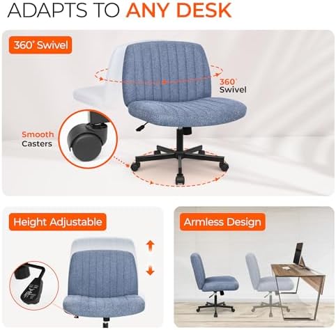 Orange Factory Criss Cross Chair, Wide Fabric Vanity Desk Seat, Blue Wheel