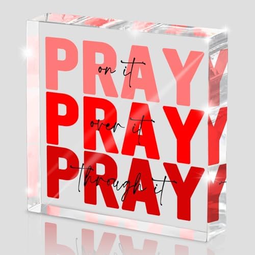 Red Dorm Room Decor for Women, Ideal Christian Gifts for Women - Pray On It,Pray Over It - Bible Verse Desk Art, Inspirational Decor, Desk Decorations for Office, 4 x 4 inches（Red）