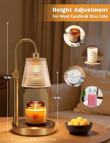 Gold Candle Warmer Lamp with Timer, Dimmable Candle Warmer for Jar Candles, Height Adjustable Wax Melts Warmer, Birthday Gifts for Women Mom, House Warming Gifts New Home Decor