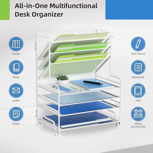 MINDEPOT 4-Tier Paper Organizer + 3-Pocket File Holder + Drawer + Pen Holders, Desktop File Organizers Paper Tray for Office Supplies School Classroom Organization (White, no Drawer & Pen Holder)