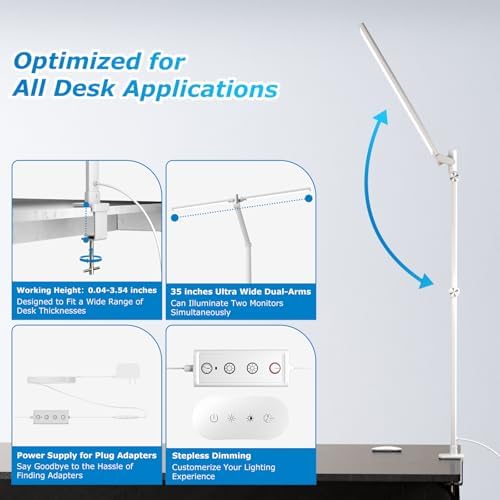 Airlonv LED Desk Lamp, Double Swing Arm Wide Lighting Area Desk Lamps for Home Office with Stepless Dimming, Eye-Caring Architect Desk Light with Clamp for Reading, Study, Workbench, Drafting(White)