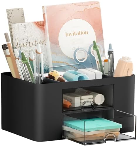 Marbrasse Pen Organizer with 2 Drawer, Multi-Functional Pencil Holder for Desk, Desk Organizers and Accessories with 5 Compartments + Drawer for Office Art Supplies (Black)
