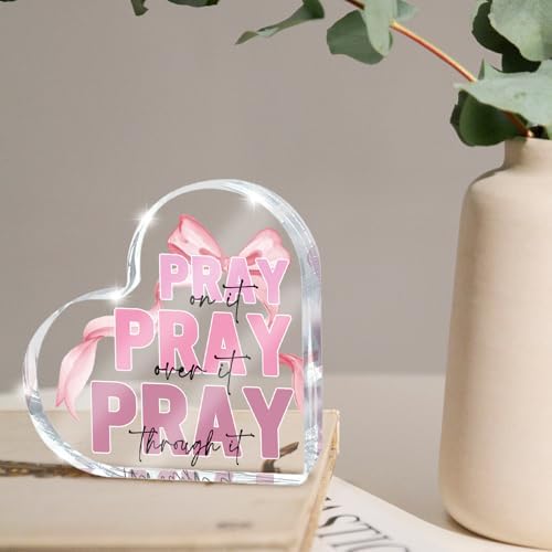 Pink Desk Decor, Bow Acrylic Heart Sign Decor Bathroom Bedroom, Christian Gift for Coworkers, Friends and Family, 4 Inch