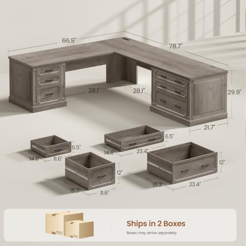 SEDETA Farmhouse 78.8" L Shaped Desk with 6 Drawers, Home Office Desk with Power Outlet, File Cabinet Storage, Wood Corner Computer Desk for Work and Study, Gray