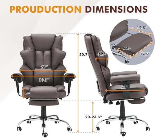 HOMREST 6-Point Massage Executive Chair,Heat Office Chair,Ergonomic Home Office Desk Chairs with Retractable Footrest and Reclining Function,Leather Computer Chair with Adjustable Armrest(‌Brown)