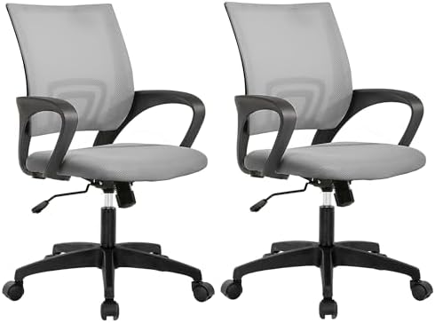 BestOffice | Ergonomic Office Chair | Mid-Back Swivel Desk Chair | Breathable Backrest & Lumbar Support | Adjustable Height | Sponge Seat | Rolling Wheels | Grey | for Adults & Women | Pack of 2