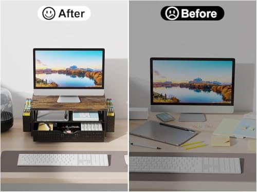 gianotter Desk Organizers and Accessories, Monitor Stand with Drawer and 2 Pen Holder, Desktop Organizer Suitable for Offices and Dormitories (Wood)