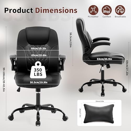 Leather Office Chair Swivel Lumbar Support for Short People Black