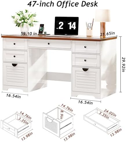 Ieejdn 59" Home Office Desks, Executive Desk, Farmhouse Computer Desk with 7 Drawers and Charging Station, File Drawer, Rustic Computer Writing Desk,Antique Cream