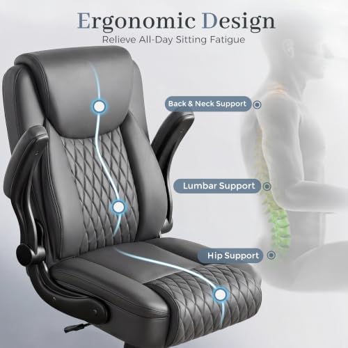 GTPOFFICE Executive Office Chair with Comfortable Lumbar Support, Ergonomic Gaming Chair with Flip-up Armrests & Zoned Pressure-Relief Cushion, Comfy PU Leather Desk Chair, Grey