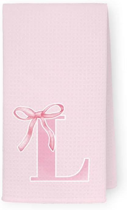 Monogrammed Initial L Hand Towels for Bathroom, Personalized Gifts for Women Girls Birthday Christmas, Coquette Preppy Pink Bows Waffle Kitchen Dish Tea Towels with Initial, 16x24 Inch