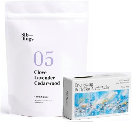 Siblings Essentials - Candle Refill Kit, DIY Candle Kit | (No 05: Clove, Lavender, Cedarwood) and Rejuvenating Body Bar Soap (Arctic Tides)