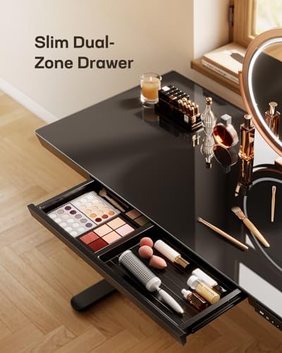 Marsail Glass Standing Desk with Drawer, 48 x 24 inch Electric Standing Desk, Height Adjustable Desk with One-Piece Tabletop & USB Charging Ports, Sit Stand Desk with Storage for Home & Office Black