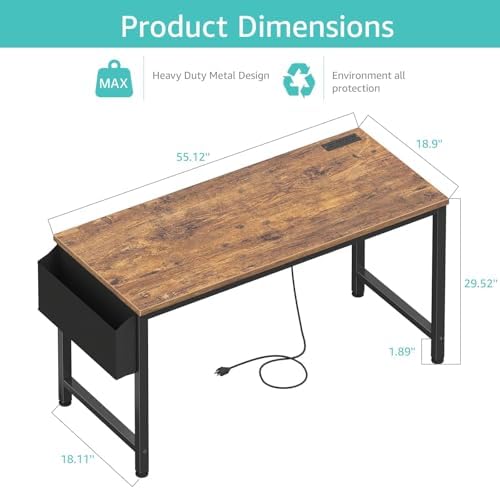 Lufeiya Gaming Desk with Power Outlet, 55 inch Teen Study Table Home Office Work Writing Computer Desks with Charging Station Outlets Built in, Brown