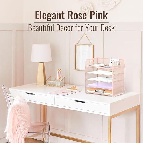 2 Pack 5-Tier Pink Desk Organizer with Handle Mesh Desk File/Paper Organizer Letter Tray for Office, School, Classroom and Home Easy Installation