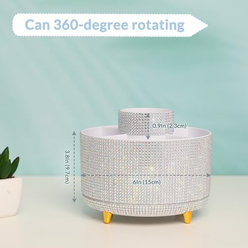 SKYDUE 360 Degree Rotating Desk Organizer, Shining Dual-Purpose Rhinestone Pencil Pen Holder, Rotating Desk Pen Organizer with 5 Slots, Rhinestone Pencil Cup for Office, School, Home
