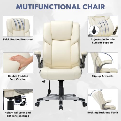 COLAMY Leather Executive Office Chair- High Back Home Computer Desk Chair with Padded Flip-up Arms, Adjustable Tilt Lock, Swivel Rolling Ergonomic Chair for Adult Working Study-Lvory, Set of 2