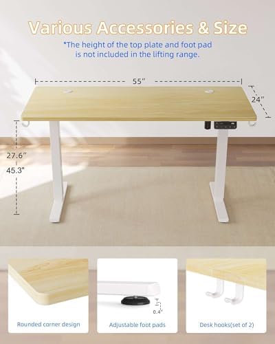 YIHAYO Electric Standing Desk, 55 x 24 Inches Stand Up Desk with Splice Board, Adjustable Height Desk, Computer Desk for Home Office, White Frame/Natural Top