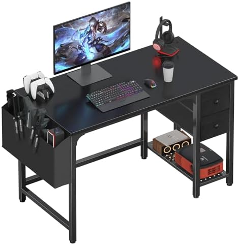 Lufeiya Computer Desk with Fabric Drawers, 40 Inch Reversible Gaming Desk for Small Space Home Office, Modern Simple Study Writing Table PC Desks for Bedroom, Black