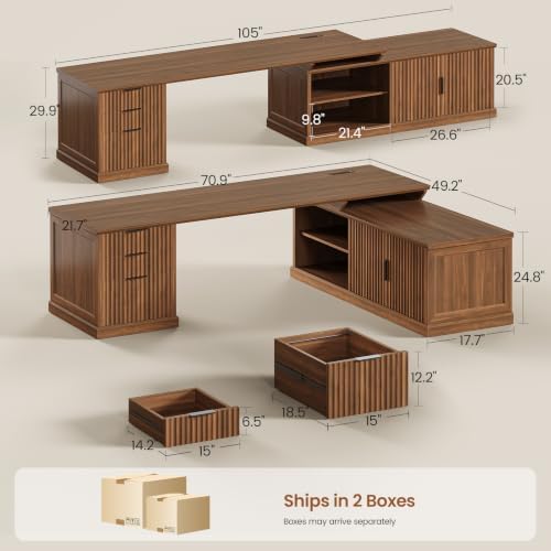 SEDETA Fluted 70.9" L Shaped Desk with Drawers, Fluted Brown