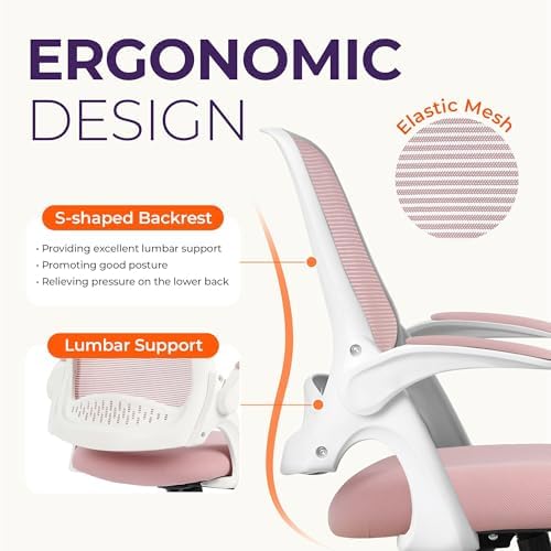 NEO CHAIR Office Desk Chair, Ergonomic Mesh with Flip-Up Armrests, Pink