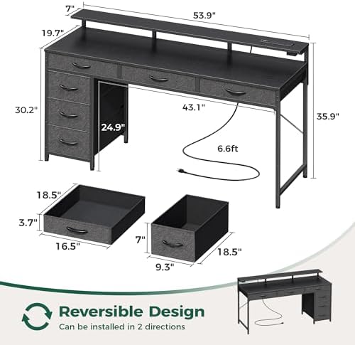 Huuger Gaming Desk with 6 Drawers, Computer Desk with LED Lights Power Outlets and Type-C, 55 Inch Office Desk with Storage, Monitor Stand, Writing Desk Work Desk Home Office, Bedroom, Black, 1CD102B
