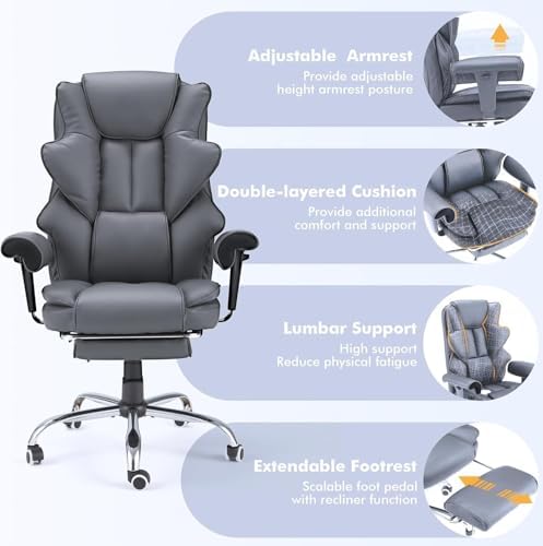 HOMREST 6-Point Massage Executive Chair,Heat Office Chair,Ergonomic Home Office Desk Chairs with Retractable Footrest and Reclining Function,Leather Computer Chair with Adjustable Armrest(‌Grey)